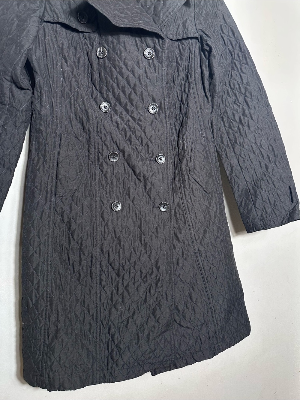 Y2K Merona Quilted Double-Breasted Black Trench Coat - Picture 3 of 6